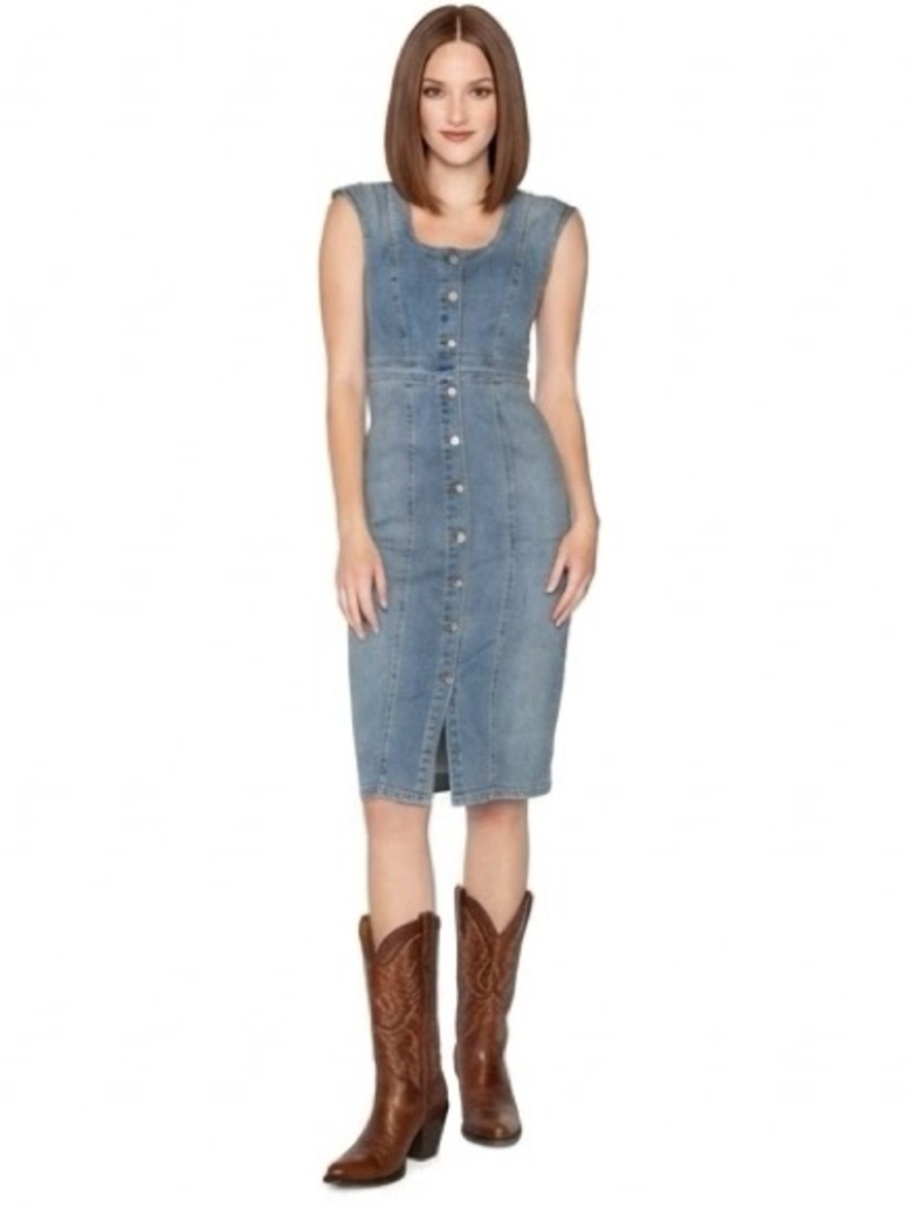Level 99 Denim Midi Dress Stretch Snap Front Pockets Cap Sleeve Size Medium